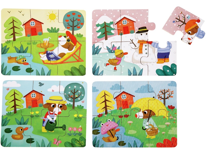 Holzpuzzle-Set Jahreszeiten, 4 Puzzles mit je 6 Teilen, ab 2 Jahren