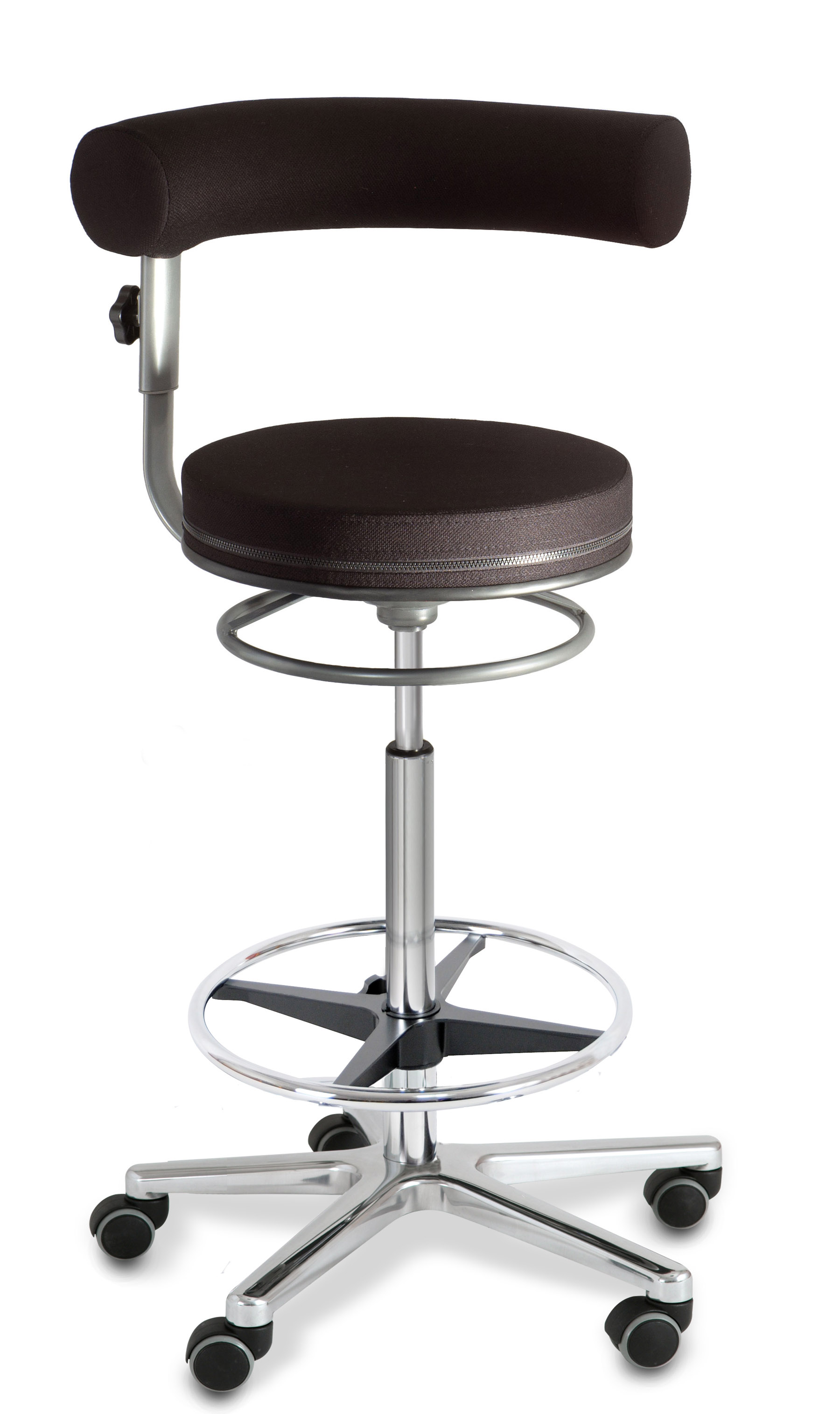 Sanus-Hochstuhl, Sitzhöhe 63-89 cm, Lehne höhenverstellbar, Stoff schwarz, mit Rollstopp