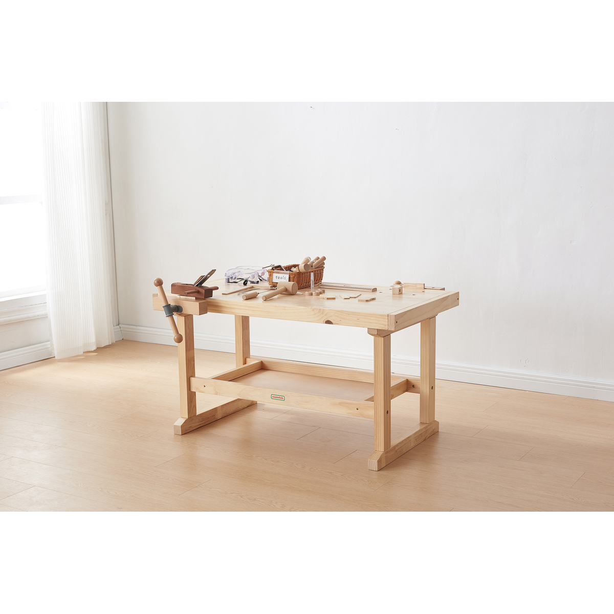 Kinder Werkbank aus Holz, 120 x 89 x 65 cm, Schraubstöcke, rutschfeste Gummifüße