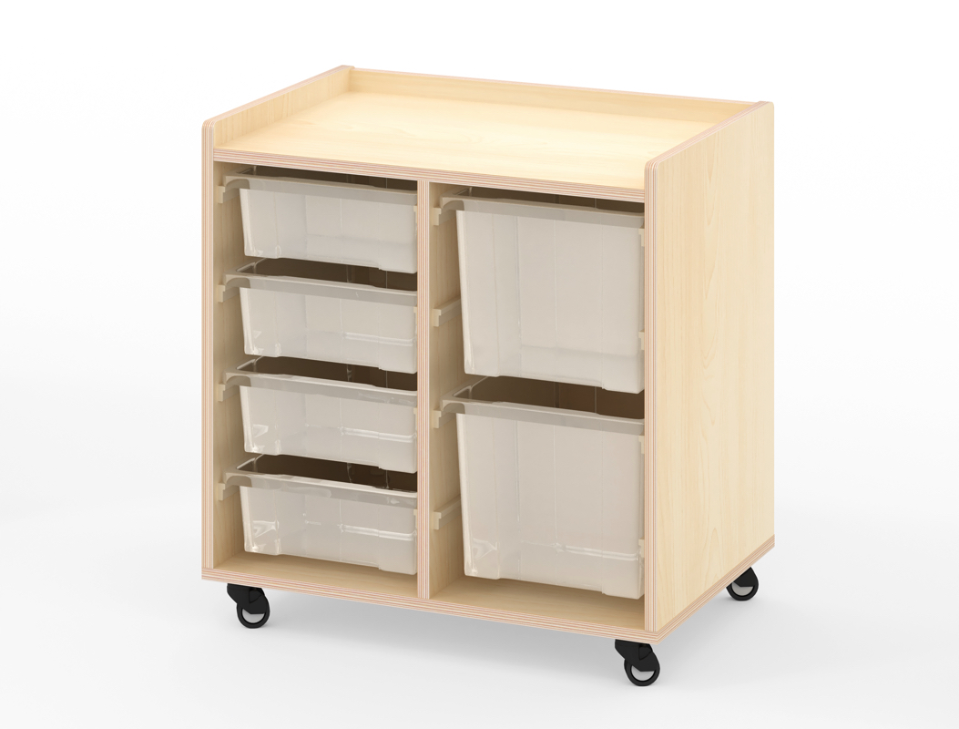 Mobiles Kinder-Regal, niedrig, 4 kleine und 2 große Boxen, mit Rollen, 58x39x60 cm, Ahorn