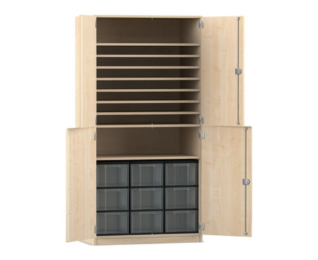 Flexeo Bastelschrank, Ahorn honig, BxHxT: 94,4 x 190 x 60 cm, 9 große Boxen transparent, Schloss