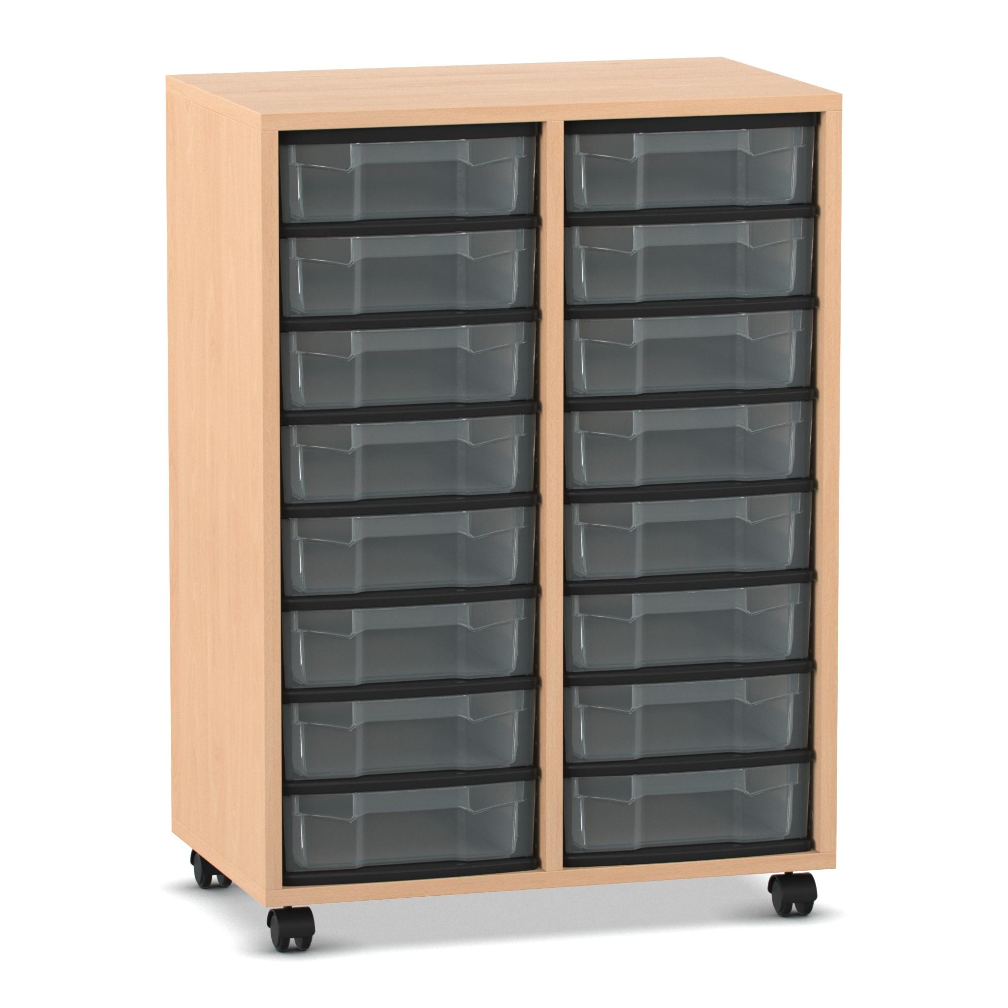 Flexeo® Materialregal Buche hell, HxBxT: 92,3x66,5x40,8 cm, 2 Reihen, 16 kleine Boxen, Boxenfarbe transparent, Rollen