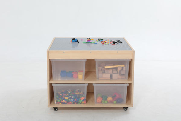 Bausteinwagen für Klemmbausteine, 4 Fächer, mit Rollen, aus Holz, 87x84x60 cm, Ahorn