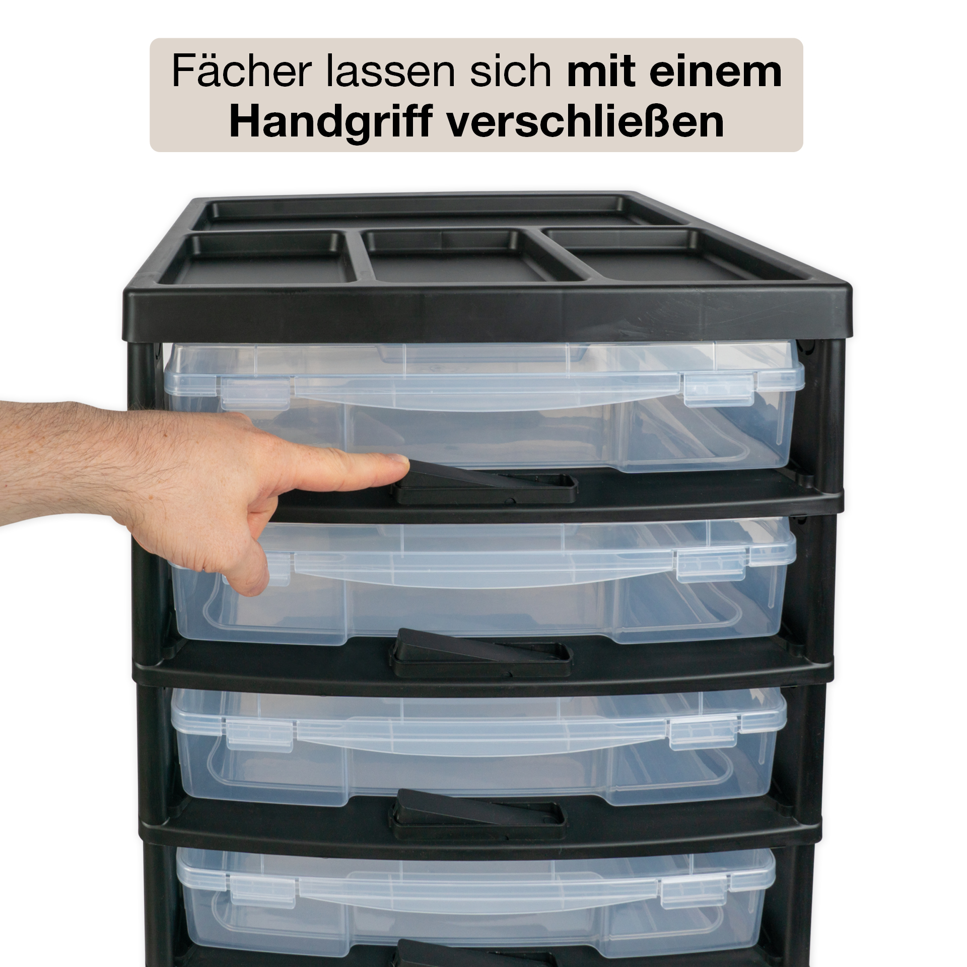 Schubladenblock mit 6 Klappdeckel-Boxen und 4 Lenkrollen