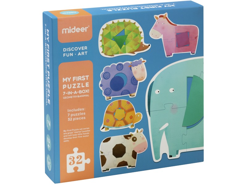 Erste Puzzles Geometrische Tiere, 7 Puzzles mit 4 bis 5 Teilen, ab 2 Jahren
