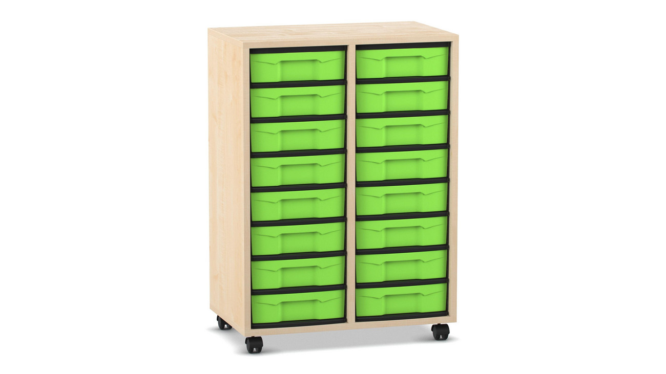 Flexeo® Materialregal, Holzdekor Ahorn honig, HxBxT: 92,3x66,5x40,8 cm, 2 Reihen, 16 kleine Boxen grün, Rollen