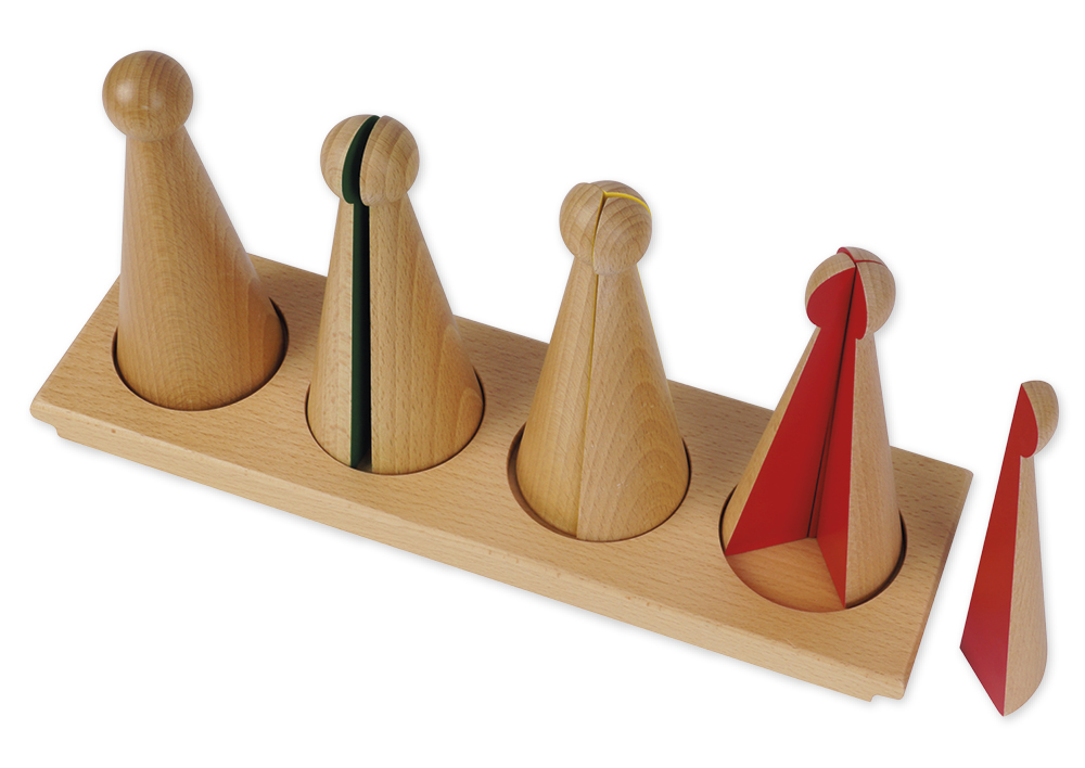 Montessori Kegel zum Bruchrechnen, Holz, farbige Innenseiten