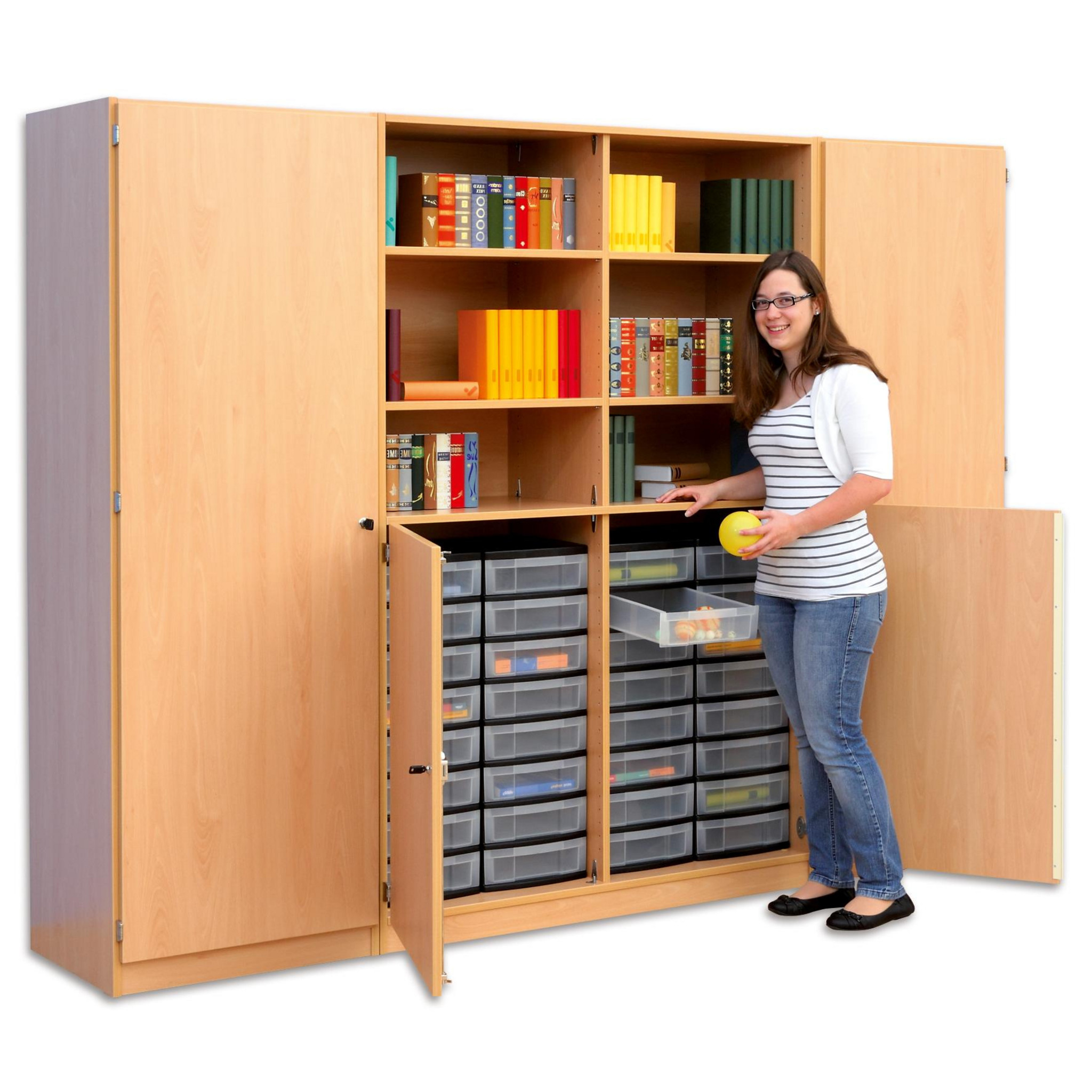 Flexeo Systemschrankwand Jupiter, Ahorn honig, HxBxT: 190 x 254,6 x 50 cm, 32 kleine Boxen transparent, 4 Türen, Bogengriff mit Schloss