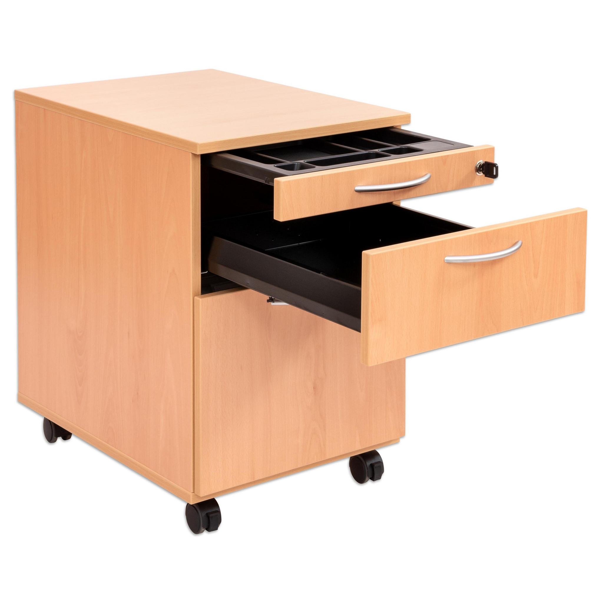 Flexeo Rollcontainer mit 3 Schubladen, Dekor Buche hell, HxBxT: 64,7 x 43,4 x 60,2 cm, Rollen, Bogengriff mit Schloss