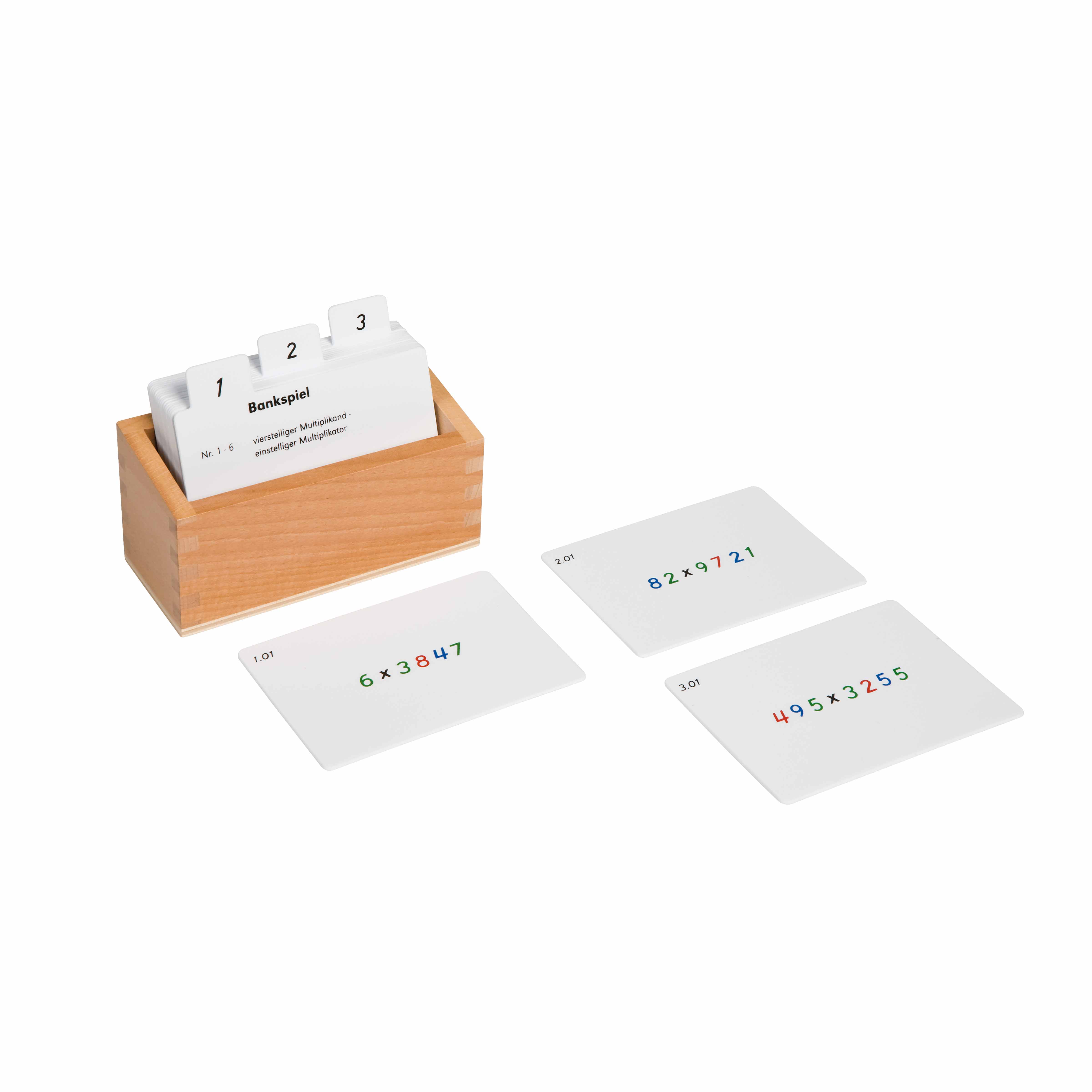 Kasten mit Aufgabenkarten für das Bankspiel - Montessori Mathematik