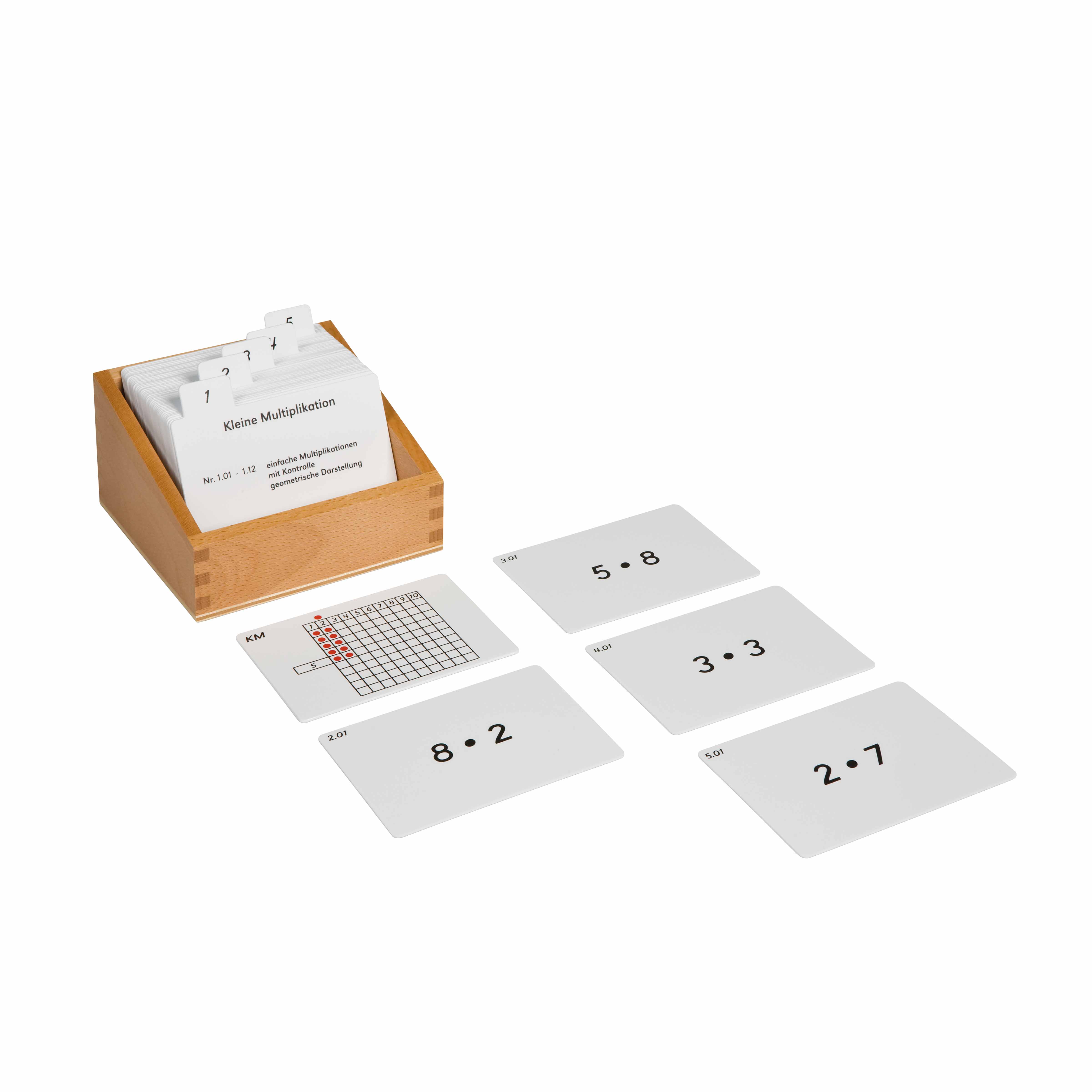 Kasten mit Aufgabenkarten für das kleine Multiplikationsbrett - Montessori Mathematik