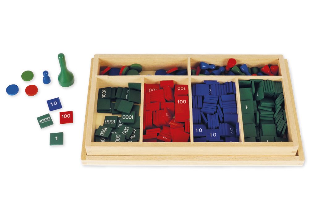 Montessori Markenspiel mit Zahlenplättchen, Spielfiguren und Chips
