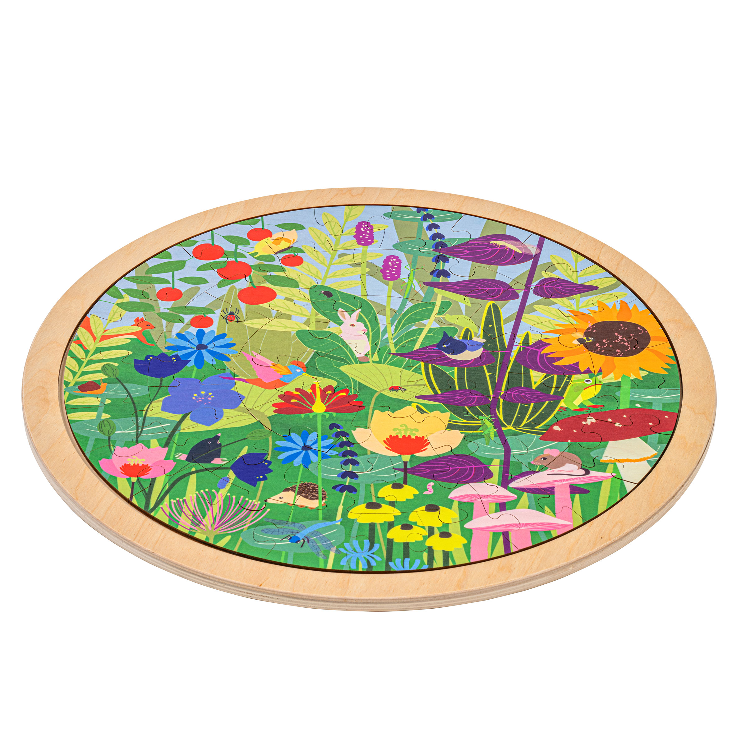 Puzzle Lebensräume Garten aus Holz – 49 Teile, rundes Format