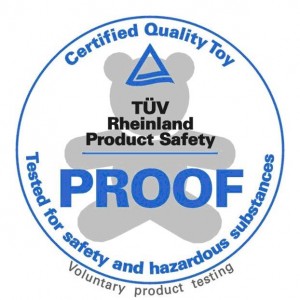 Zertifizierungssiegel für Spielzeug von TÜV Rheinland, das die Sicherheit und Unbedenklichkeit von Produkten bestätigt.