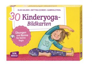 "Cover der 30 Kinderyoga-Bildkarten mit einer Illustration eines Kindes, das eine Yoga-Übung ausführt, umgeben von bunten Farben. Die Karten bieten Übungen und Reime für Kinder, um Yoga spielerisch zu erlernen."