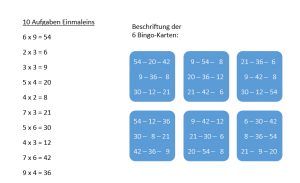 Aufgaben für das Zahlen-Bingo Einmaleins
