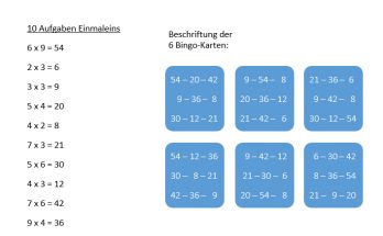 Aufgaben für das Zahlen-Bingo Einmaleins