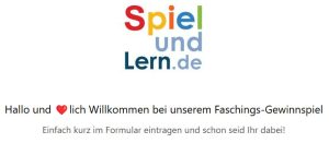 Willkommensbanner für das Faschings-Gewinnspiel von SpielundLern.de, das zur Teilnahme anregt.