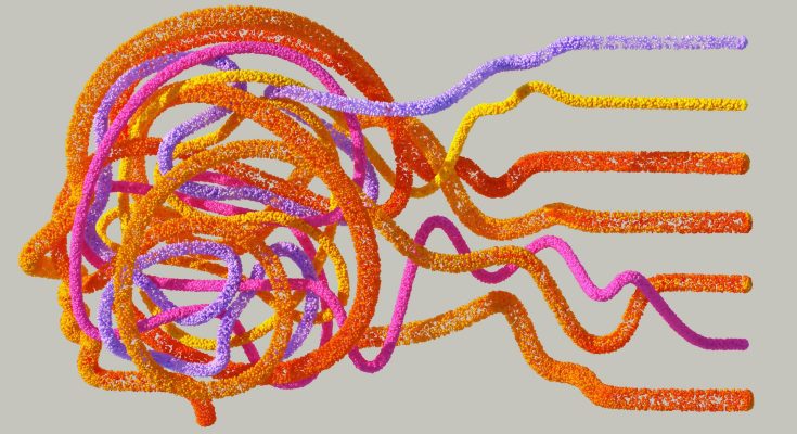 Buntes, abstraktes Kunstwerk, das mit geschwungenen Linien in Orange, Pink, Gelb und Lila eine menschliche Kopfkontur darstellt. Ideal für Themen wie Neuroplastizität, Kreativität und moderne Kunst.