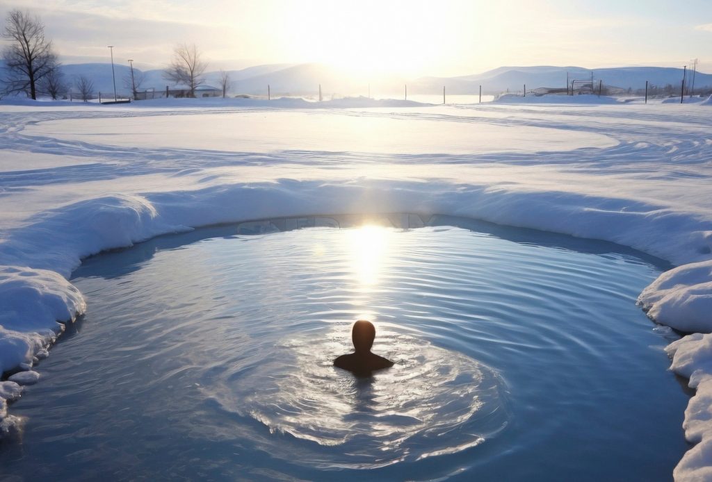 Ein Mensch schwimmt in einem offenen Wasserbereich, umgeben von Schnee und Eis, während die Sonne am Horizont aufgeht und eine ruhige, friedliche Atmosphäre schafft.