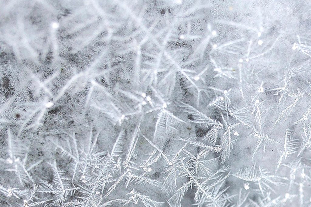 Eisblumen auf einer frostigen Oberfläche, die filigrane, kristalline Strukturen zeigen und eine winterliche Atmosphäre vermitteln.