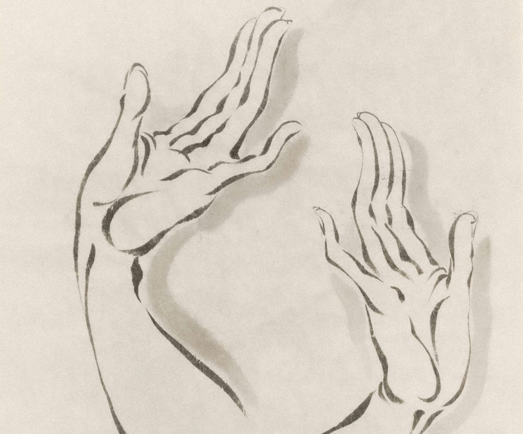 Zeichnung von zwei Händen in dynamischer Position, die verschiedene Gesten darstellen. Die detaillierte Darstellung der Finger und Handflächen betont die Anatomie und Ausdruckskraft der Hände. Ideal für Kunst- und Anatomie-Studien.