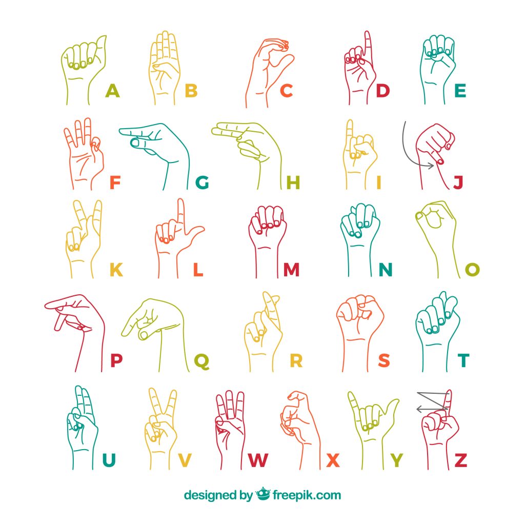 Illustration von Handzeichen für das Alphabet, dargestellt in verschiedenen Farben. Jedes Zeichen repräsentiert einen Buchstaben von A bis Z und zeigt die Handpositionen für die Gebärdensprache. Ideal für Lernmaterialien oder zur Förderung der Kommunikation in der Gehörlosengemeinschaft.