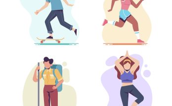 Illustration von vier sportlichen Aktivitäten: Ein Skateboardfahrer, eine Joggerin, ein Wanderer mit Rucksack und eine Frau in Yoga-Pose. Ideal für Themen rund um Fitness, Outdoor-Aktivitäten und gesunde Lebensweise.