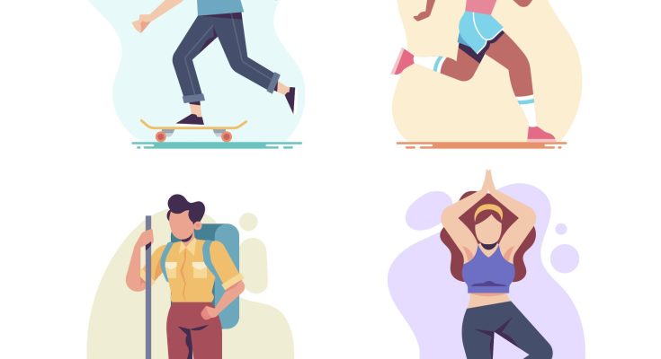 Illustration von vier sportlichen Aktivitäten: Ein Skateboardfahrer, eine Joggerin, ein Wanderer mit Rucksack und eine Frau in Yoga-Pose. Ideal für Themen rund um Fitness, Outdoor-Aktivitäten und gesunde Lebensweise.