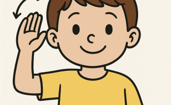 Ein fröhlicher Junge mit braunen Haaren und einem gelben T-Shirt, der mit einer Hand winkt. Ideal für Inhalte über Freundschaft, Begrüßungen oder Kinderkommunikation.