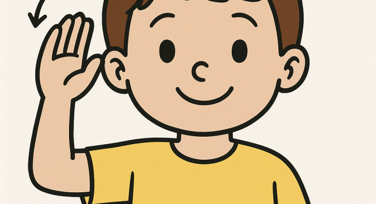 Ein fröhlicher Junge mit braunen Haaren und einem gelben T-Shirt, der mit einer Hand winkt. Ideal für Inhalte über Freundschaft, Begrüßungen oder Kinderkommunikation.