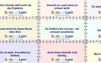 Bunte Kacheln mit motivierenden Sprüchen zu Lernen und persönlichem Wachstum, versehen mit dem Logo von "Spiel und Lern". Die Sprüche betonen Einsatz, Freundlichkeit und die Bedeutung kleiner Schritte.