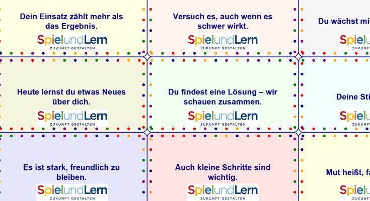 Bunte Kacheln mit motivierenden Sprüchen zu Lernen und persönlichem Wachstum, versehen mit dem Logo von "Spiel und Lern". Die Sprüche betonen Einsatz, Freundlichkeit und die Bedeutung kleiner Schritte.