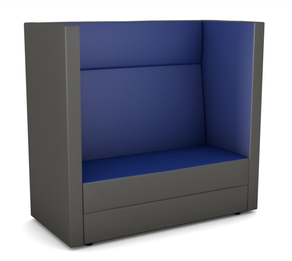 Moderne Sitzbank mit hohen Rückenlehnen in Grau und Blau, ideal für Büros oder Wartebereiche. Bietet Komfort und Privatsphäre für Gespräche oder Entspannung.