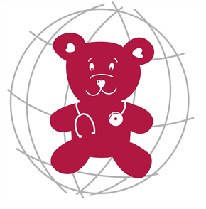 Ein niedlicher roter Teddybär mit einem Stethoskop, umgeben von einem stilisierten Globus. Ideal für Themen rund um Kinderheilkunde, Gesundheit und medizinische Betreuung für Kinder.