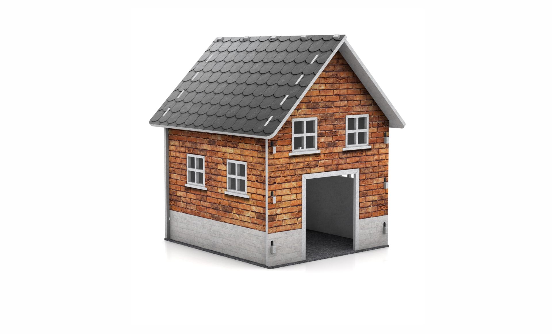 Moderne Miniaturhaus-Darstellung mit Ziegelfassade und schiefergedecktem Dach. Das Haus verfügt über mehrere Fenster und eine offene Tür, ideal für kreative Spielideen oder als dekoratives Element.