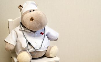 Plüsch-Hippo in Arztuniform mit Stethoskop auf einem Stuhl. Ideal für Kinderarztpraxen oder als Spielzeug für kleine Medizinfans.