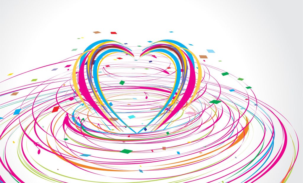 Buntes Herzmotiv mit spiralförmigen Linien in Pink, Blau und Gelb, umgeben von bunten Konfetti-Elementen auf hellem Hintergrund. Ideal für Themen wie Liebe, Freude und Feierlichkeiten.