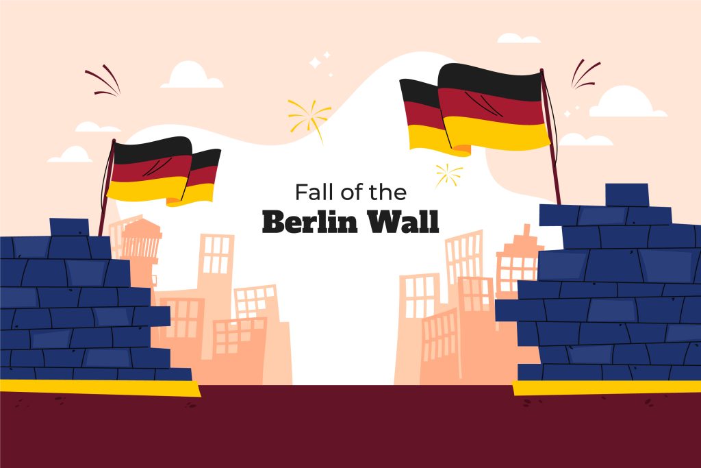 Grafik zum Fall der Berliner Mauer mit deutschen Flaggen und stilisierten Stadtgebäuden im Hintergrund. Das Bild symbolisiert den historischen Moment der Wiedervereinigung Deutschlands.