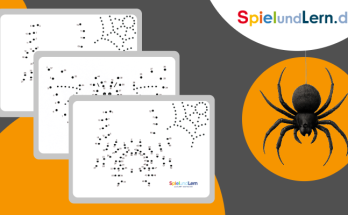 Drei Malvorlagen mit Punkt-zu-Punkt-Verbindungen, die Spinnenmotive darstellen, auf einem grafischen Hintergrund. Das Logo von SpielundLern.de ist sichtbar. Ideal für kreative Lernaktivitäten im Herbst.