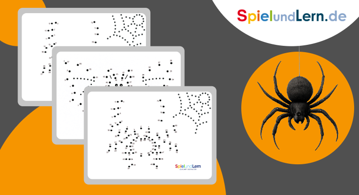 Drei Malvorlagen mit Punkt-zu-Punkt-Verbindungen, die Spinnenmotive darstellen, auf einem grafischen Hintergrund. Das Logo von SpielundLern.de ist sichtbar. Ideal für kreative Lernaktivitäten im Herbst.