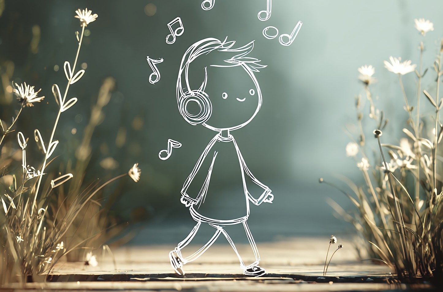 Ein kindlicher Charakter mit Kopfhörern geht fröhlich auf einem Holzweg, umgeben von Blumen und sanfter Natur. Musiksymbole schweben um ihn herum, was eine entspannte und fröhliche Stimmung vermittelt.