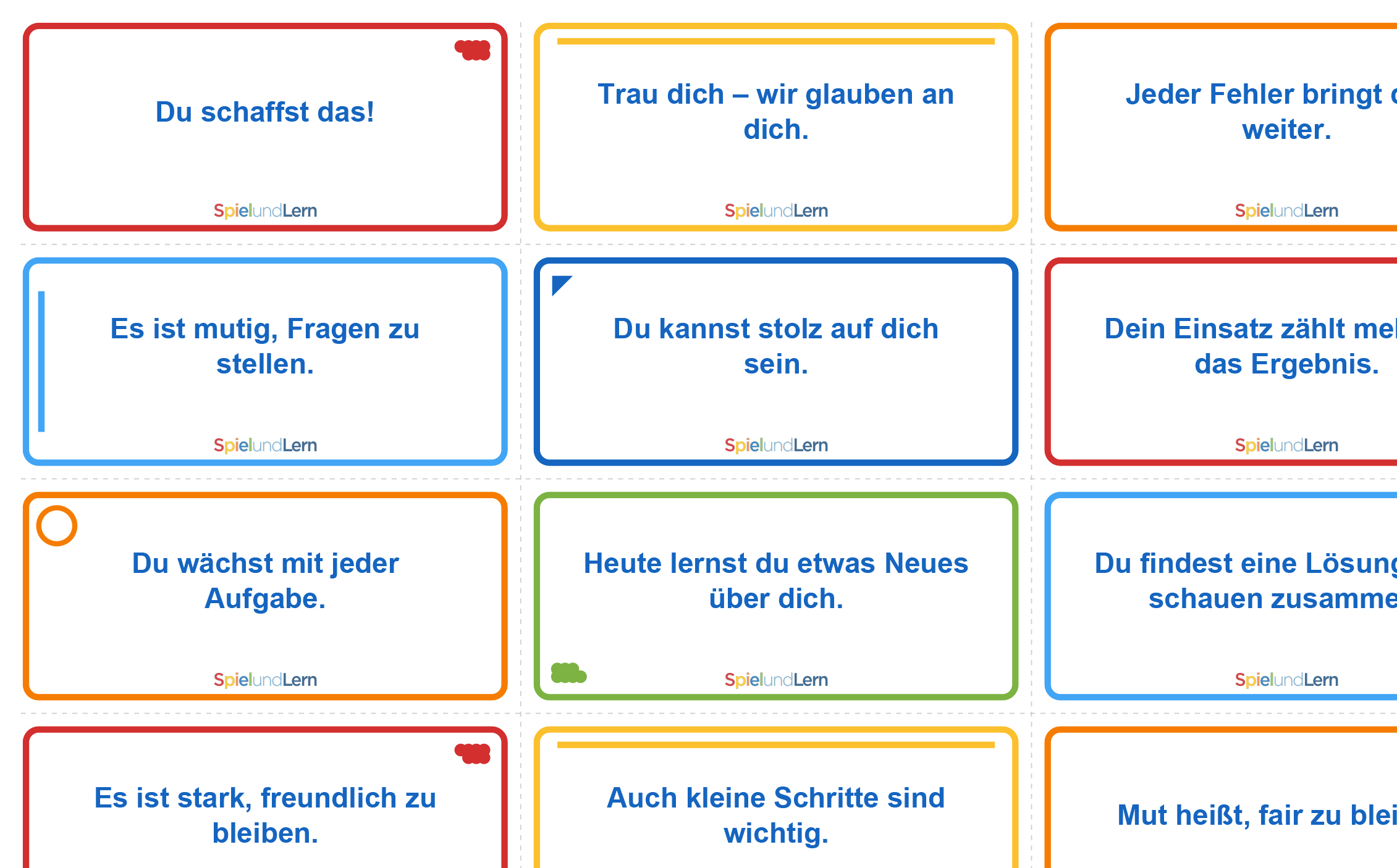 Bunte Karten mit motivierenden Sprüchen zur Förderung von Selbstvertrauen und Lernbereitschaft. Ideal für Bildungszwecke und persönliche Entwicklung.