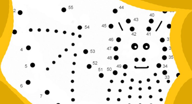 Eine Punkt-zu-Punkt-Zeichnung, die ein niedliches Tier darstellt. Die Zahlen und Punkte sind angeordnet, um das Bild sichtbar zu machen, wenn sie verbunden werden. Ideal für kreative Aktivitäten und zum Ausmalen.