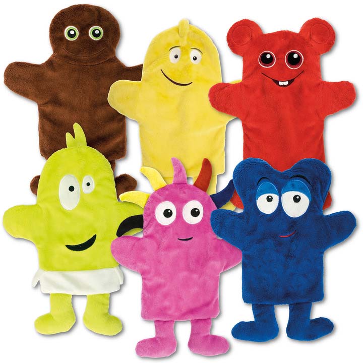Bunte Handpuppen in verschiedenen Farben und Formen, ideal für Kinder zum Spielen und Geschichtenerzählen. Die Puppen fördern die Kreativität und Interaktion.