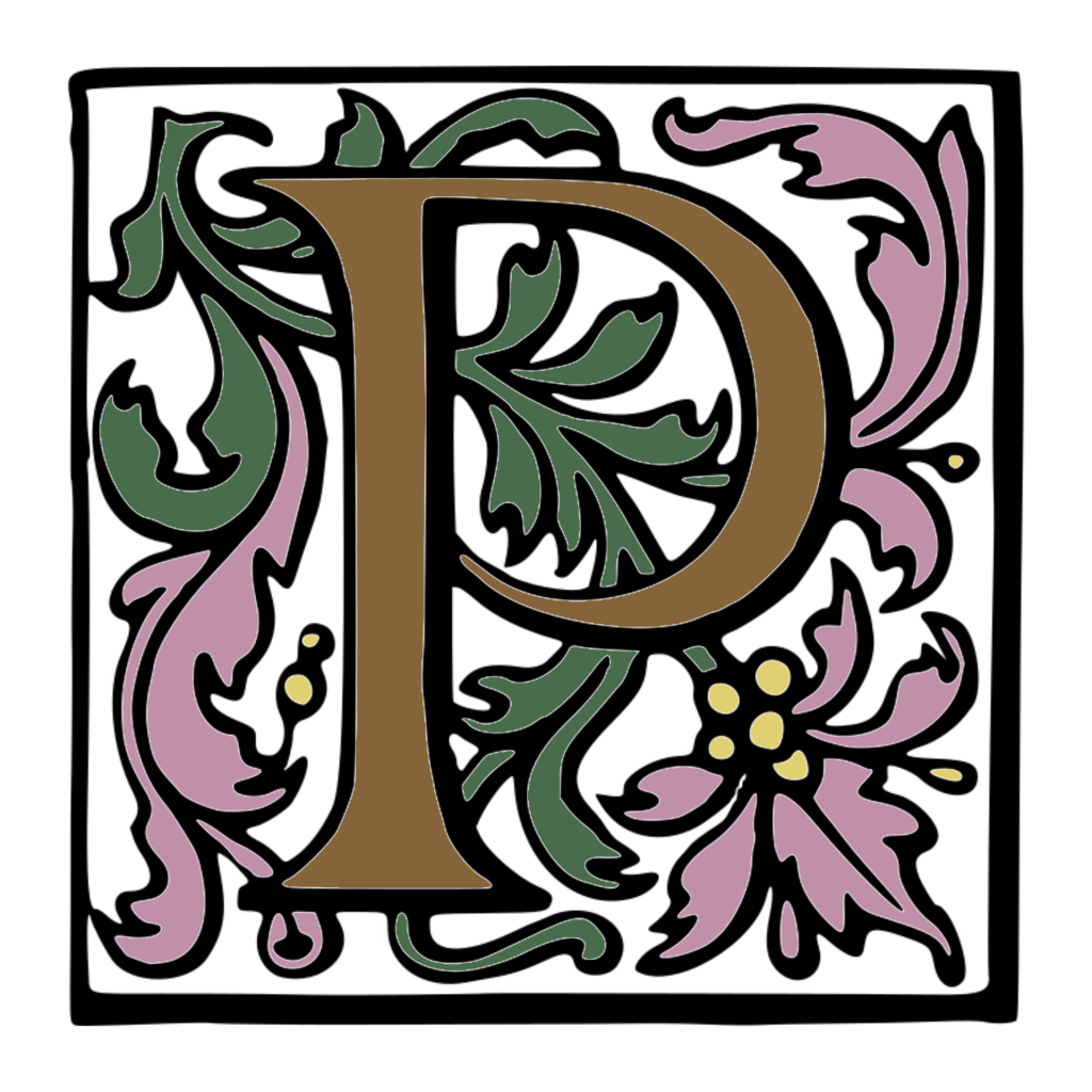 Dekorative Illustration eines großen, stilisierten Buchstabens "P" umgeben von floralen Motiven in sanften Farben. Ideal für kreative Projekte und Markenidentität.