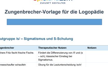 Zungenbrecher-Vorlage für die Logopädie mit Fokus auf die Lautgruppe /s/. Enthält Übungen zur Differenzierung von Lauten und therapeutische Hinweise zur S-Schulung. Ideal für Logopäden und Sprachtherapeuten.