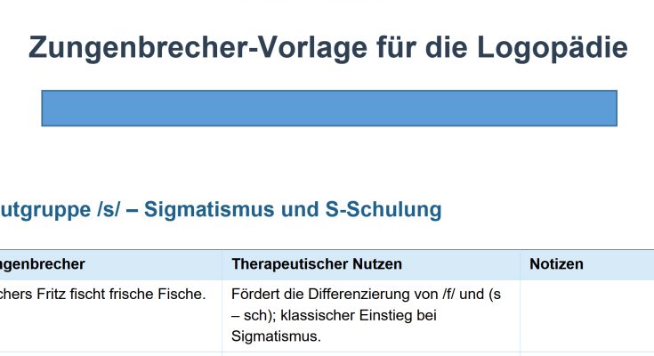 Zungenbrecher-Vorlage für die Logopädie mit Fokus auf die Lautgruppe /s/. Enthält Übungen zur Differenzierung von Lauten und therapeutische Hinweise zur S-Schulung. Ideal für Logopäden und Sprachtherapeuten.
