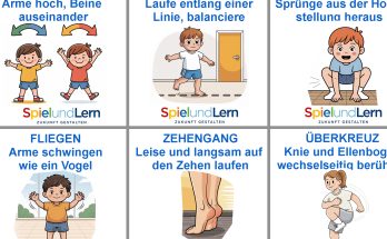 Illustration mit verschiedenen Bewegungsübungen für Kinder, darunter Hampelmann, Linienlauf, Froschhüpfen, Fliegen, Zehengang und Überkreuz. Jede Übung wird durch eine kurze Anleitung und eine entsprechende Grafik veranschaulicht, um die motorischen Fähigkeiten und das Gleichgewicht zu fördern.