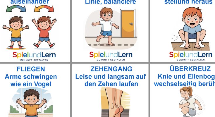 Illustration mit verschiedenen Bewegungsübungen für Kinder, darunter Hampelmann, Linienlauf, Froschhüpfen, Fliegen, Zehengang und Überkreuz. Jede Übung wird durch eine kurze Anleitung und eine entsprechende Grafik veranschaulicht, um die motorischen Fähigkeiten und das Gleichgewicht zu fördern.